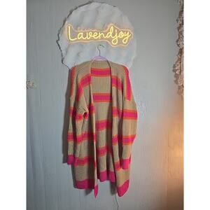 Pink Camel Striped Open Cardigan Duster Sweater Womens Plus Grandmacore